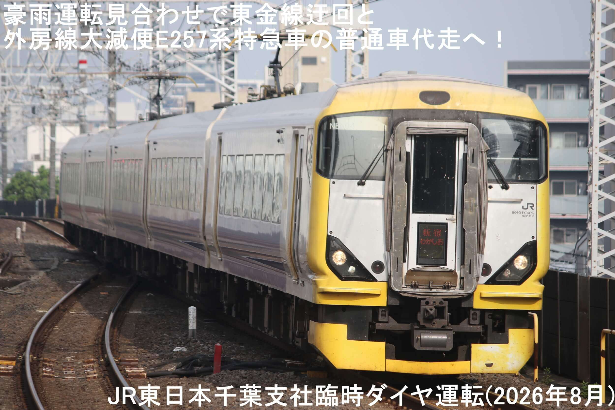 豪雨運転見合わせで東金線迂回と外房線大減便E257系特急車の普通車代走へ！　JR東日本千葉支社臨時ダイヤ運転(2026年8月)